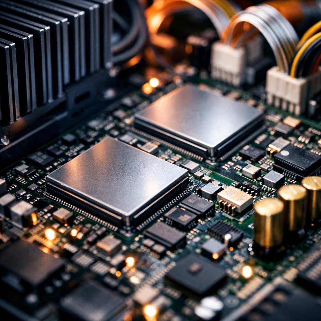 Close-up view of ASIC miner circuit board with specialized mining chips