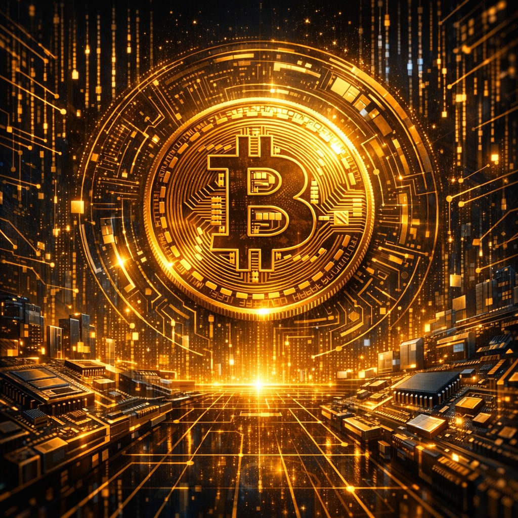 Golden Bitcoin coin on a technology circuit board background