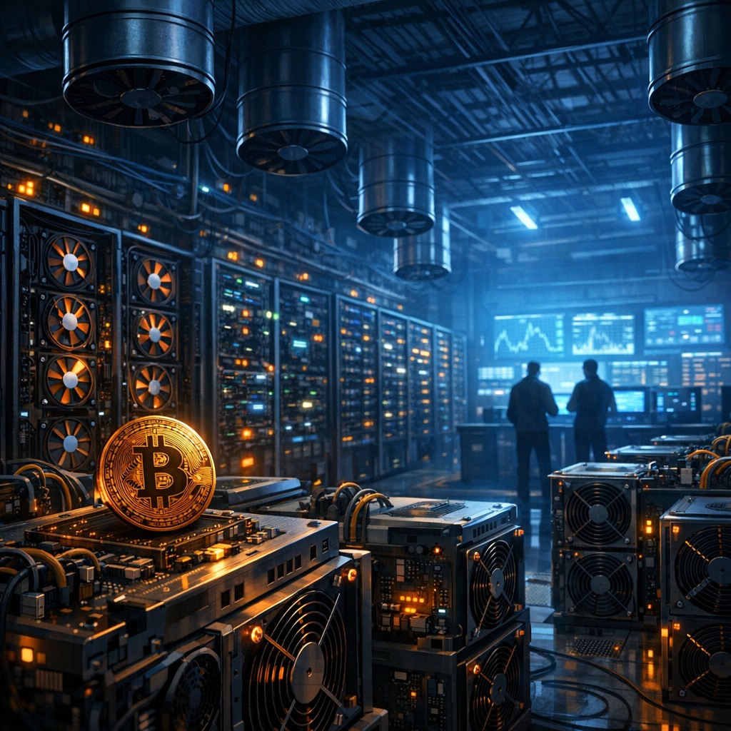 Professional Bitcoin mining data center with rows of ASIC miners