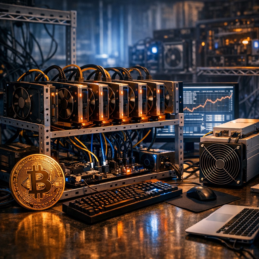 Bitcoin mining rig with multiple graphics cards and cooling fans