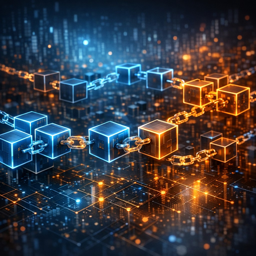 Visualization of blockchain blocks linked together in a chain