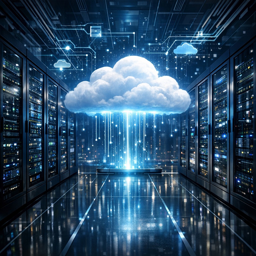 Modern server room with cloud computing infrastructure for Bitcoin mining