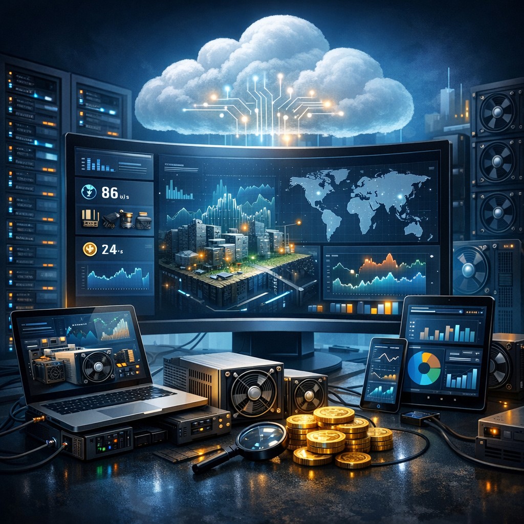 Cloud mining dashboard showing hash rate and earnings monitoring