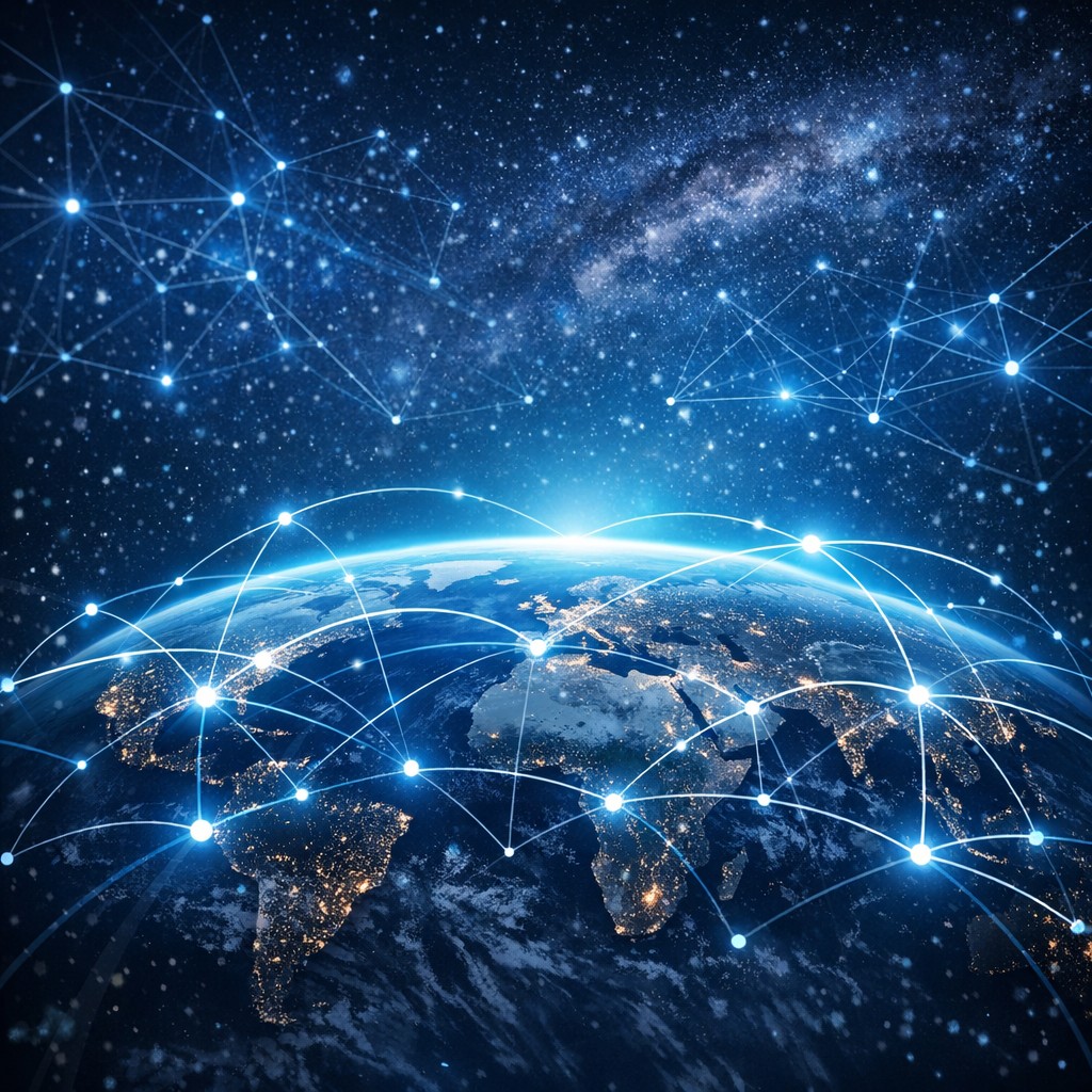 Global network of connected nodes visualizing the Bitcoin peer-to-peer system