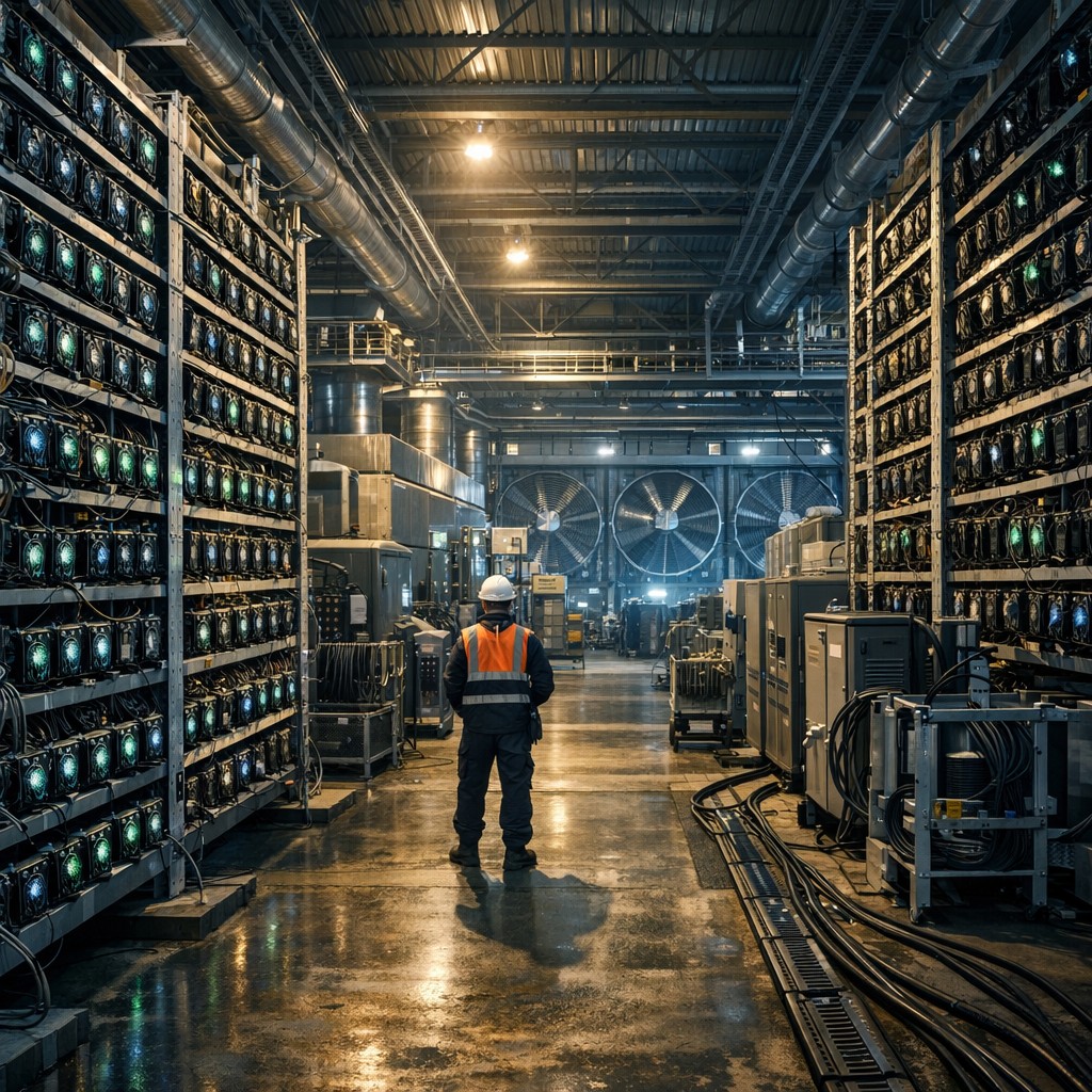 Large scale industrial Bitcoin mining farm with hundreds of miners