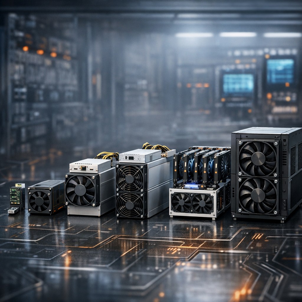 Several ASIC mining units lined up for comparison in a warehouse